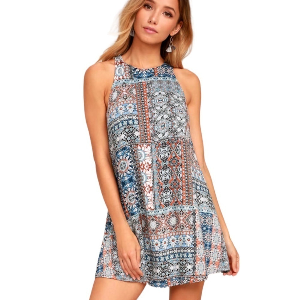 Lulu’s Major Grey Print Swing Dress Patchwork Blue Grey